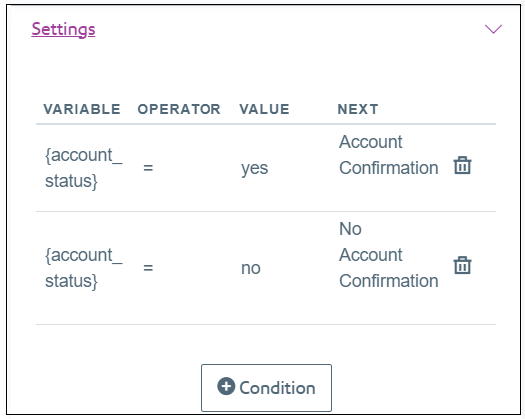 Condition settings for the Act box